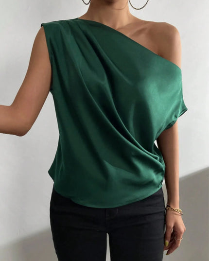 Asymmetrica One-Shoulder Draped Blouse Dark Green