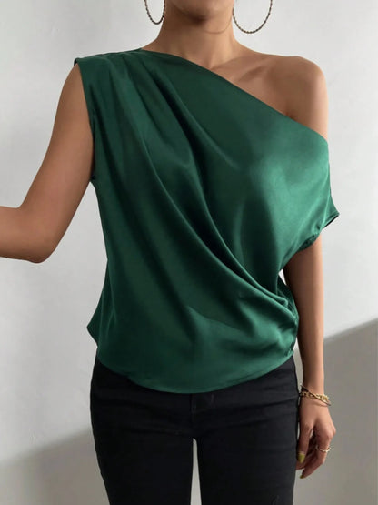 Asymmetrica One-Shoulder Draped Blouse Dark Green
