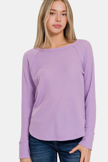 Zenana Waffle Long Sleeve T-Shirt LAVENDER