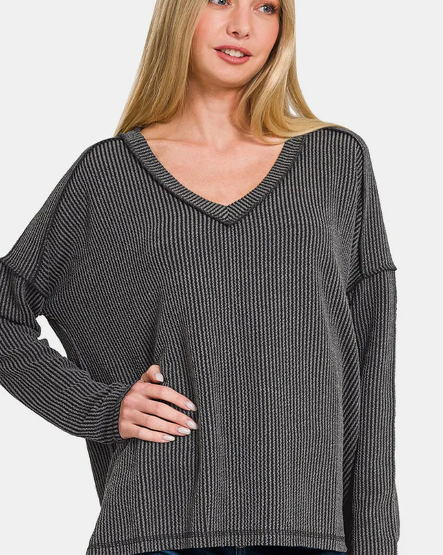 Zenana Texture Exposed Seam V-Neck Long Sleeve T-Shirt Charcoal