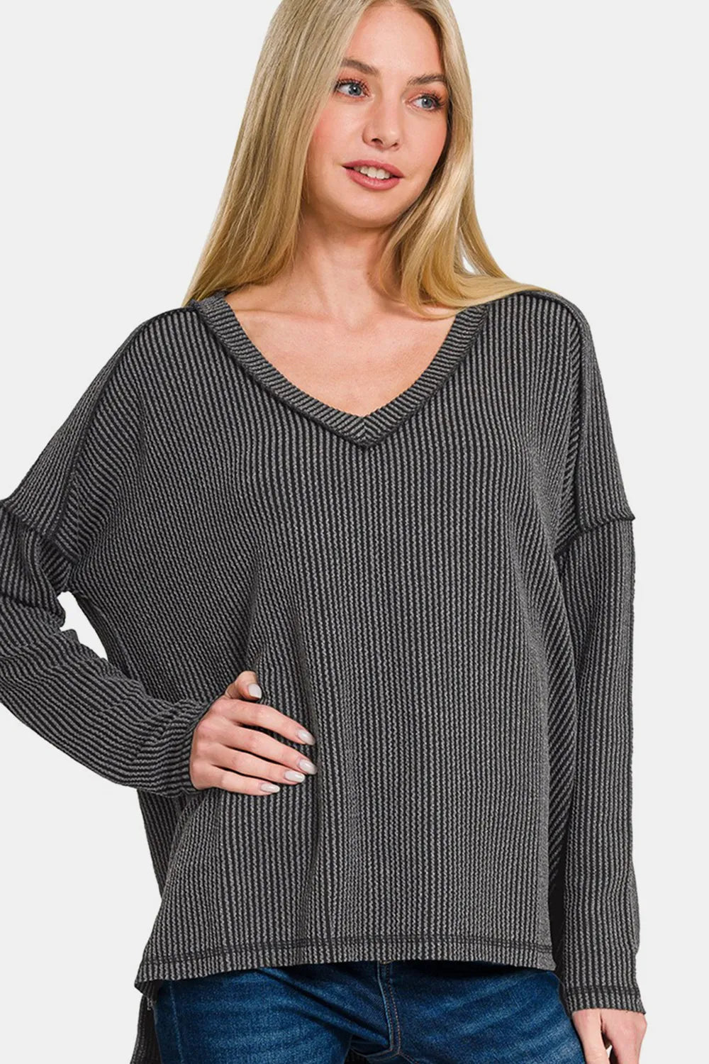 Zenana Texture Exposed Seam V-Neck Long Sleeve T-Shirt Charcoal
