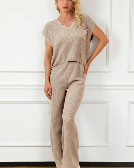 Pocketed V-Neck Top and Wide Leg Sweater Set