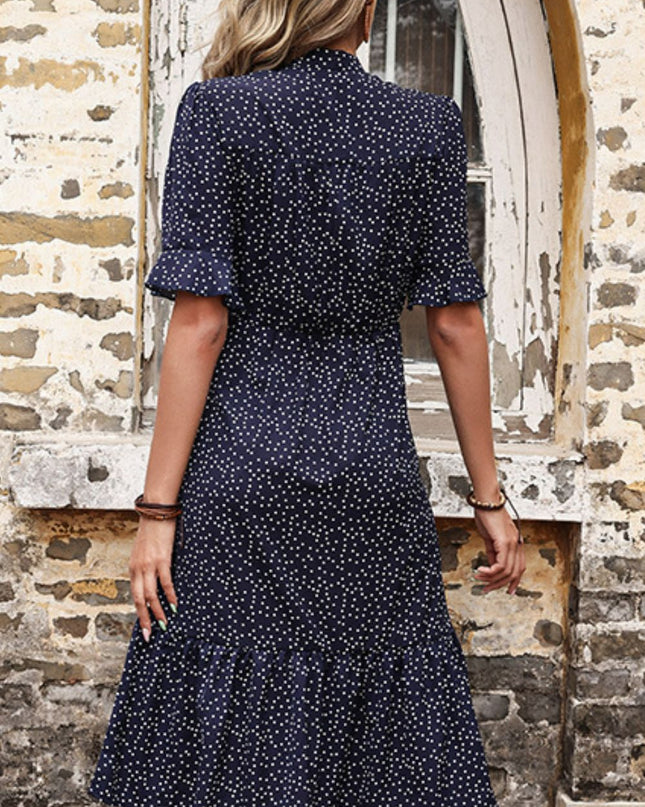 Perfee Polka Dot Tie Front Ruffled Midi Dress