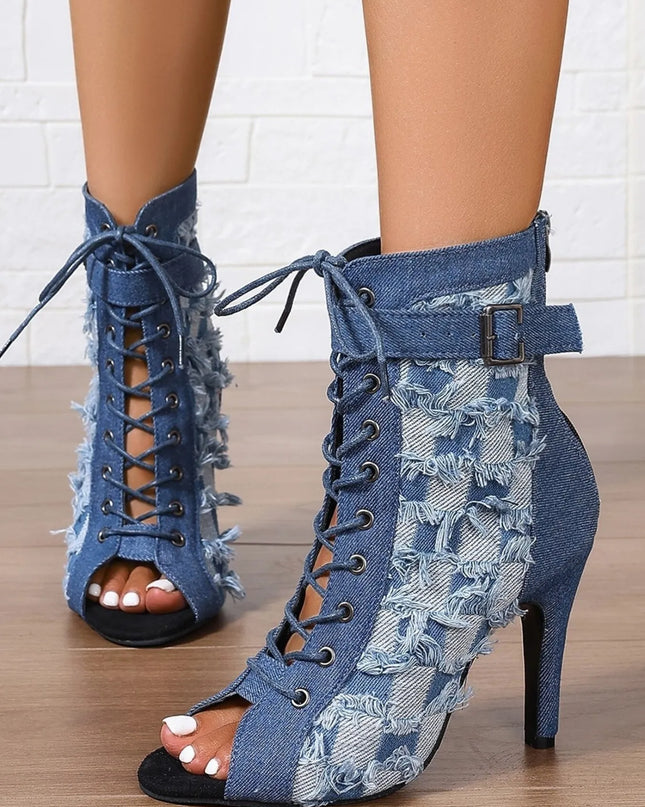 Distressed Denim Lace-Up Peep Toe Ankle Boots 