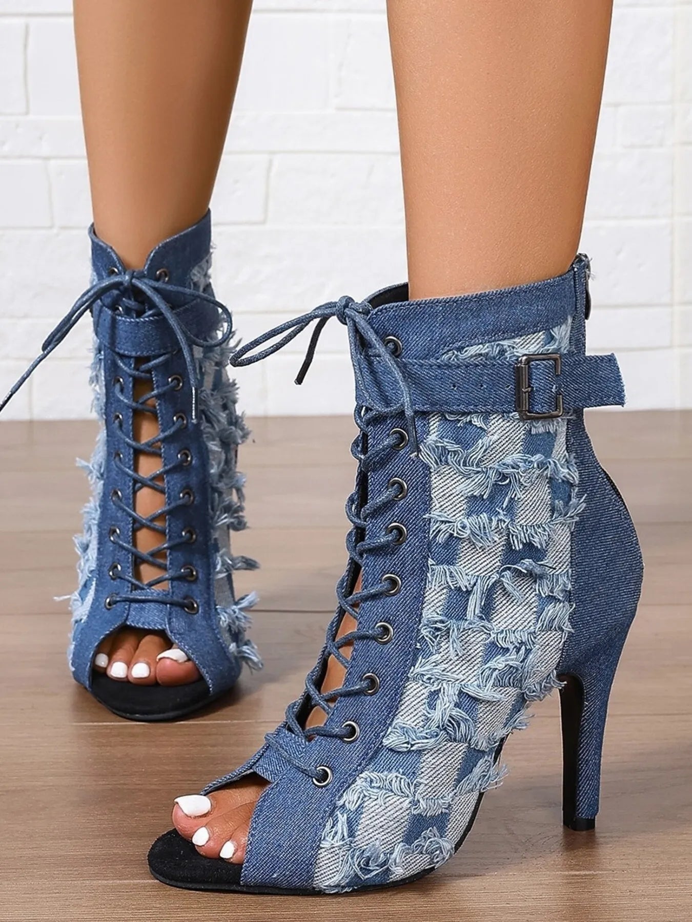 Distressed Denim Lace-Up Peep Toe Ankle Boots Peacock Blue
