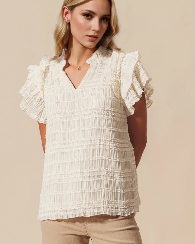 Oh Full Size Frill Notched Flounce Sleeve Blouse Ivory