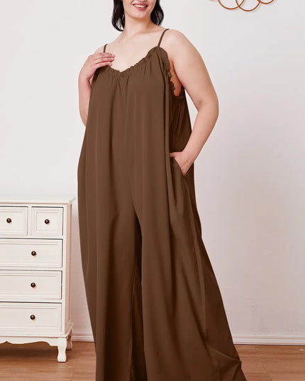 Double Take Full Size Ruffle Trim Tie Back Cami Jumpsuit with Pockets