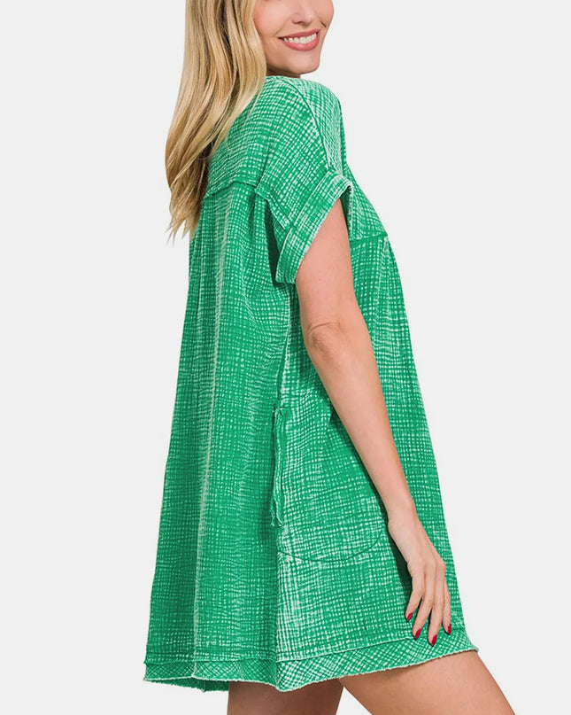 Zenana Washed Notched Short Sleeve Mini Dress