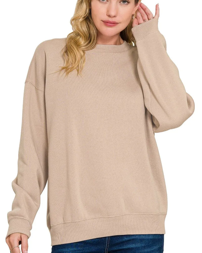 Zenana Fleece Crewneck Long Sleeve Sweatshirt ASH MOCHA