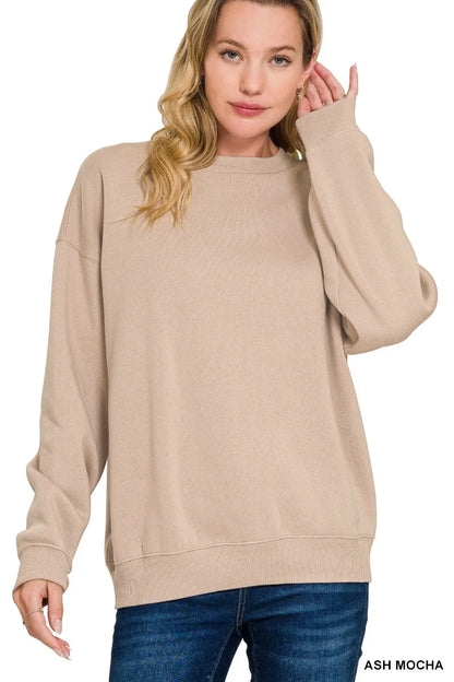 Zenana Fleece Crewneck Long Sleeve Sweatshirt ASH MOCHA