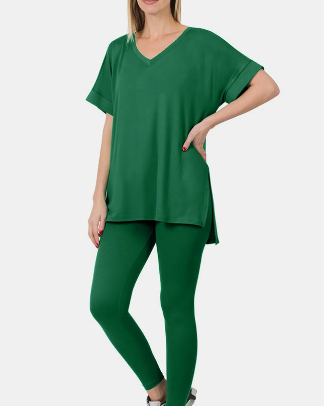 Zenana V-Neck Rolled Short Sleeve T-Shirt and Leggings Lounge Set
