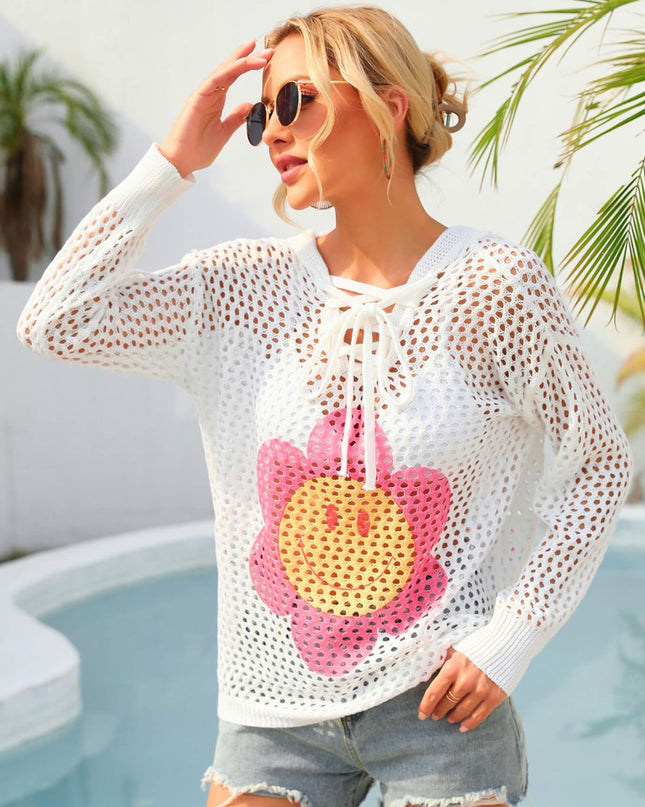 Angel Wings Flower Graphic Lace-Up Openwork Hooded Cover Up