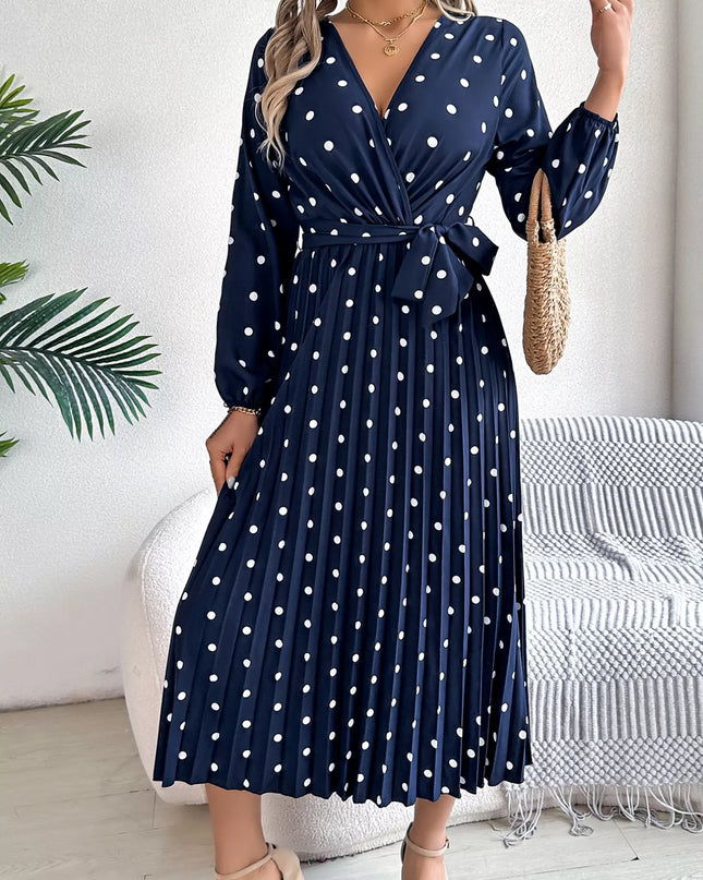 Front Tie Polka Dot Midi Pleated Dress