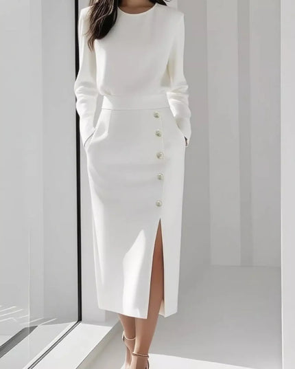 Long Sleeve Button Detail Midi Dress with Side Slit White