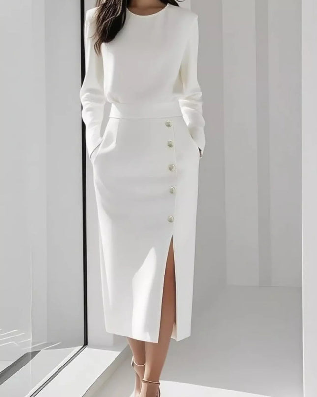 Long Sleeve Button Detail Midi Dress with Side Slit White