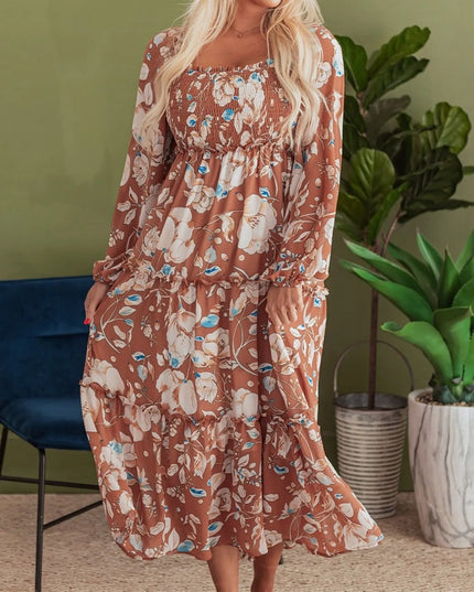 Smocked Printed Long Sleeve Tiered Dress