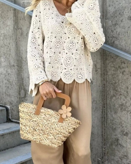 Crochet Lace V-Neck Bell Sleeve Knit Top