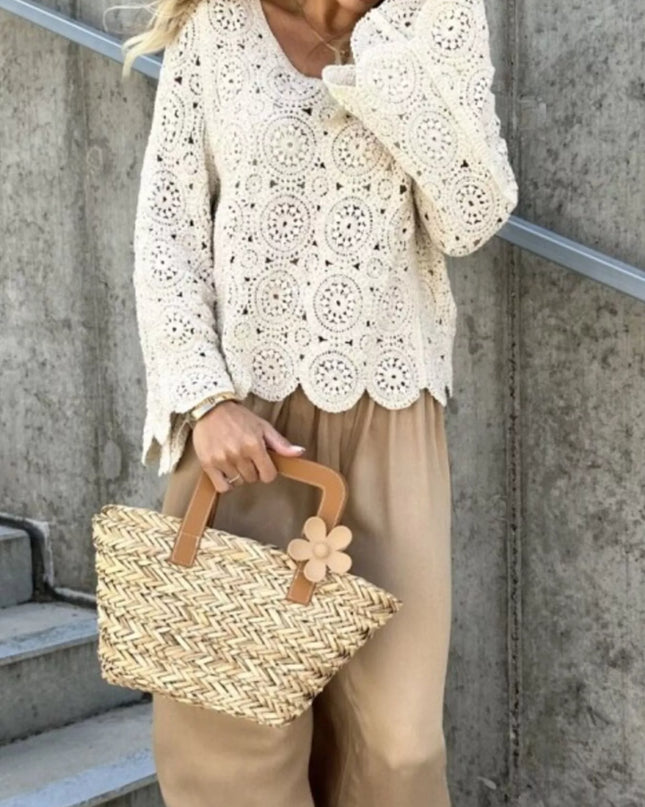 Crochet Lace V-Neck Bell Sleeve Knit Top