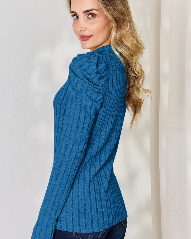 Basic Bae Full Size Ribbed Mock Neck Puff Sleeve T-Shirt