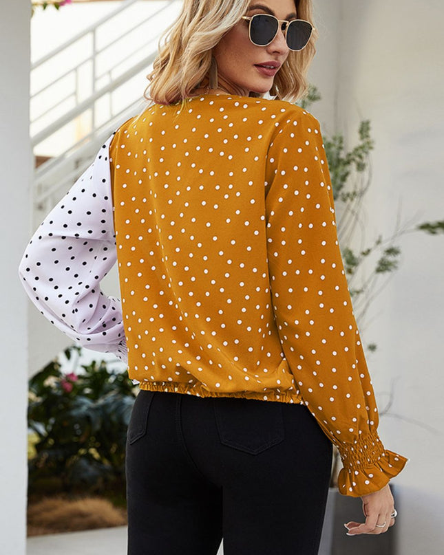 Ivy Lane Polka Dot Surplice Neck Lantern Sleeve Blouse 