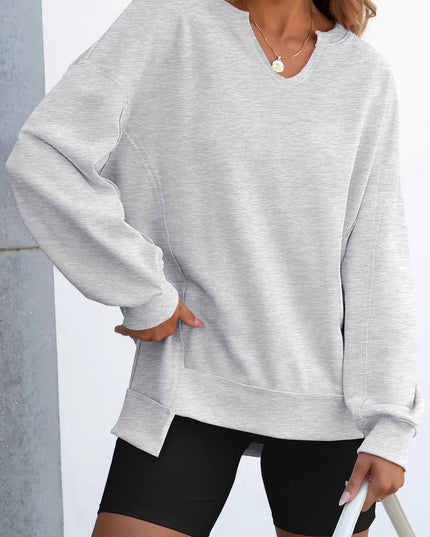 Notched Long Sleeve Oversized Sweatshirt