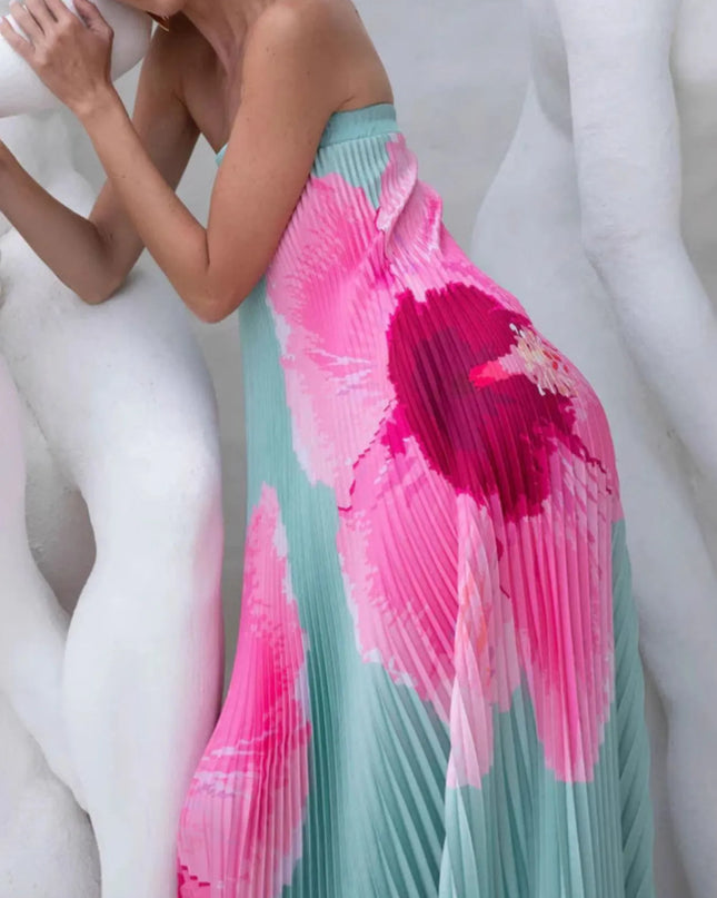 Pleated Printed Tube Floor Length Dress Cyan