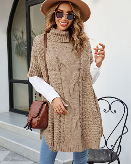 Cable-Knit Turtleneck Slit Sweater Camel