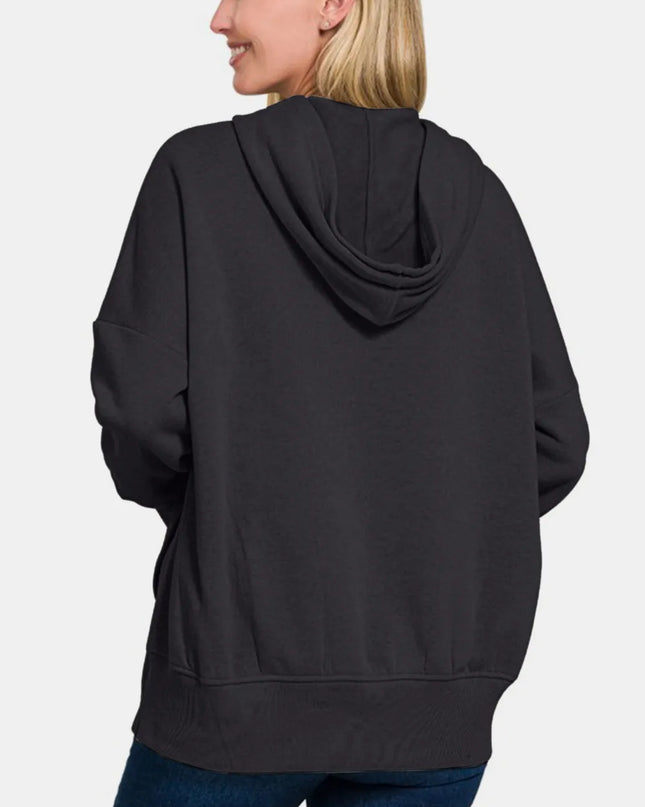 Zenana Half Snap Long Sleeve Hoodie with Kangaroo Pocket
