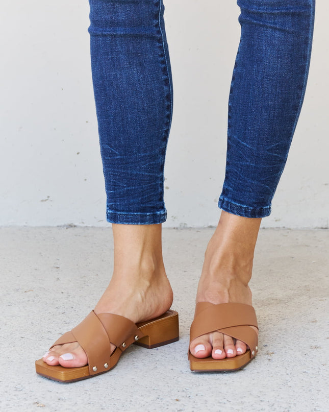 Weeboo Step Into Summer Criss Cross Wooden Clog Mule in Brown Brown