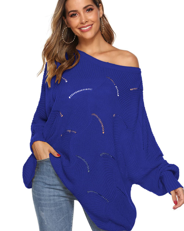 Round Neck Long Sleeve Openwork Sweater Royal Blue
