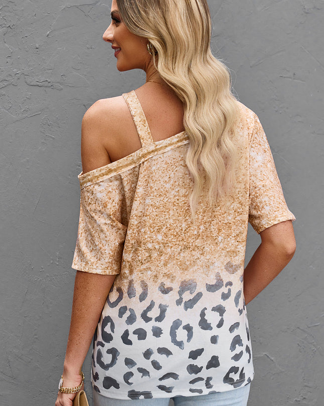 Leopard Asymmetrical Neck Cold-Shoulder Blouse