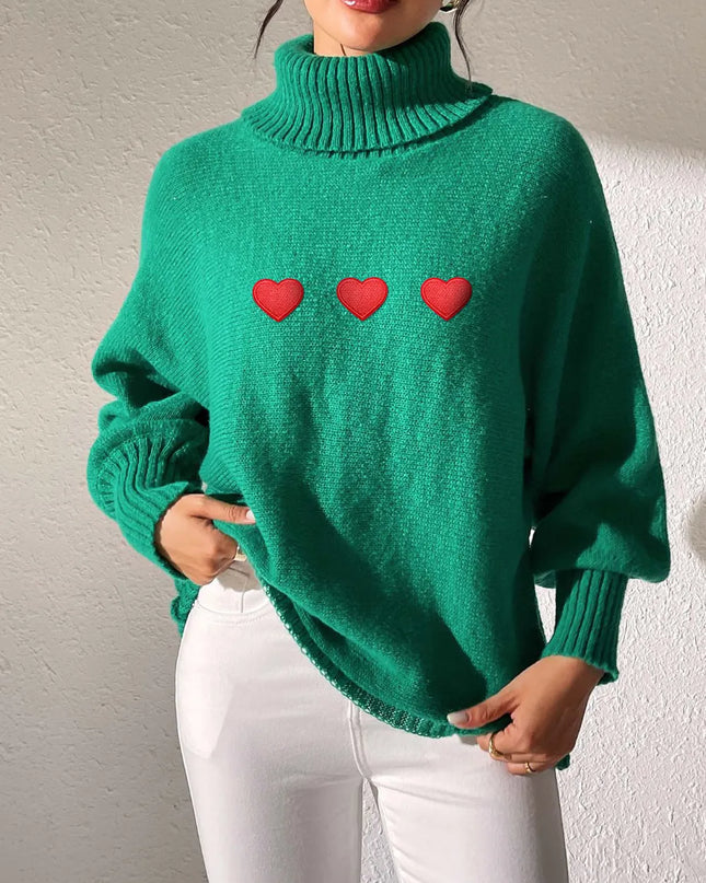 Heart Turtleneck Long Sleeve Sweater Dark Green