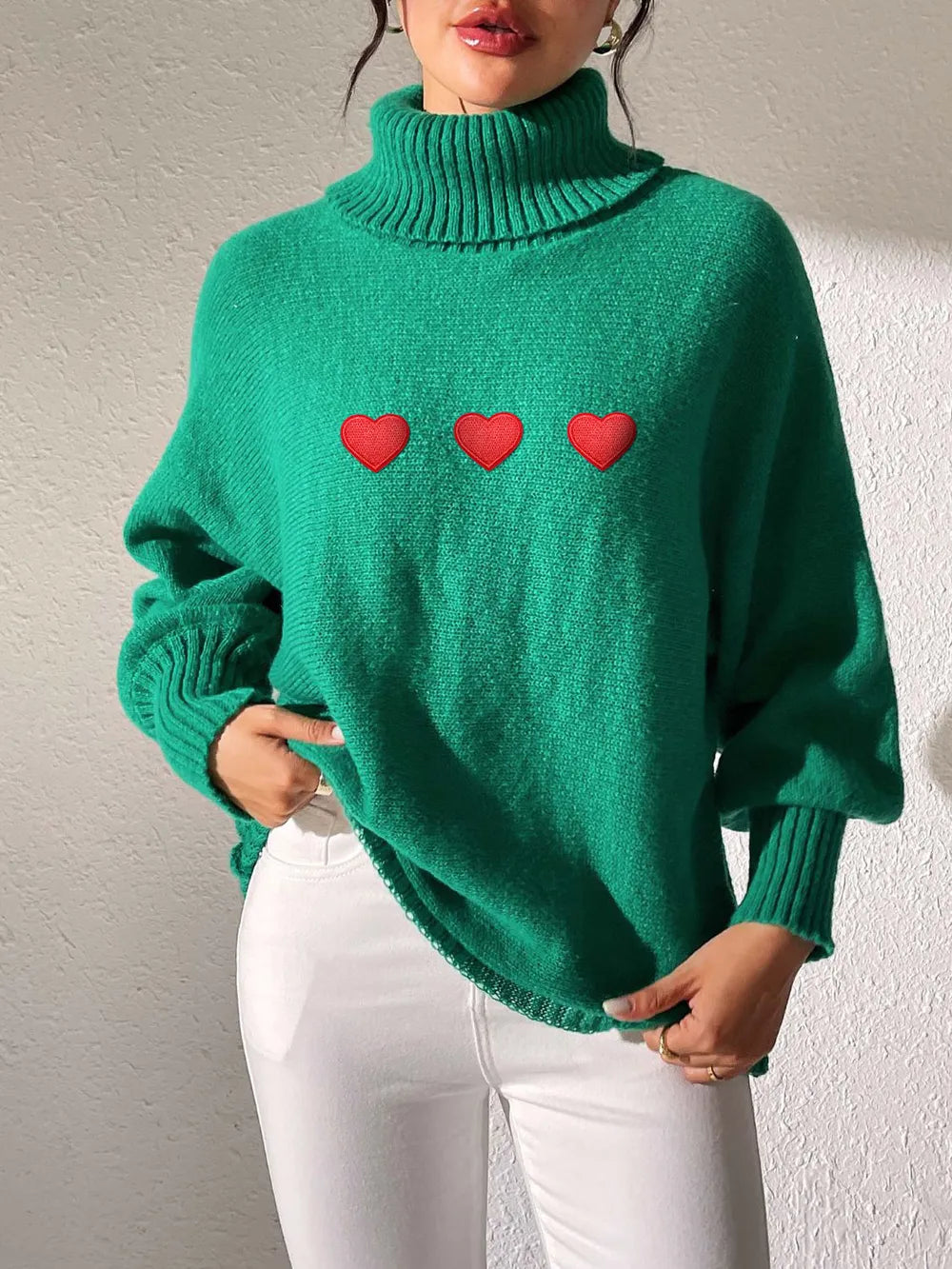 Heart Turtleneck Long Sleeve Sweater Dark Green
