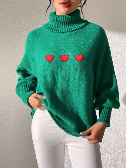Heart Turtleneck Long Sleeve Sweater Dark Green