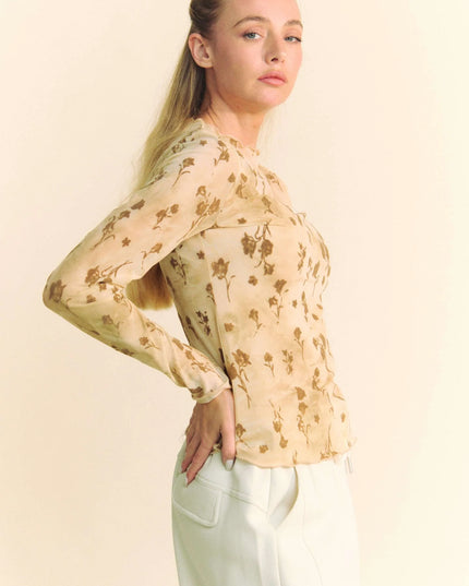 Davi & Dani Floral Mesh Long Sleeve Sheer Layering Top 