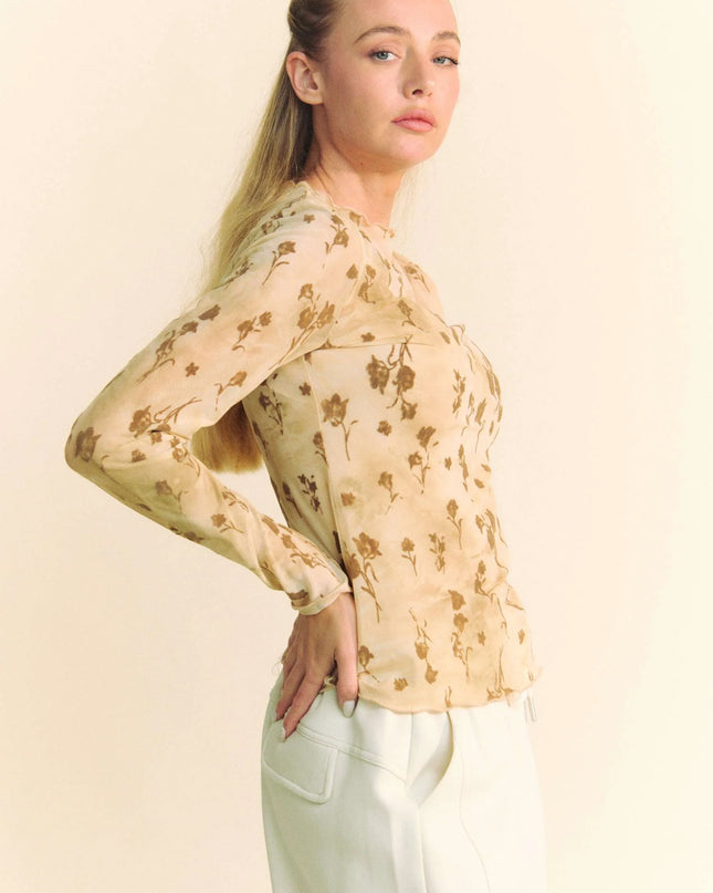 Davi & Dani Floral Mesh Long Sleeve Sheer Layering Top 