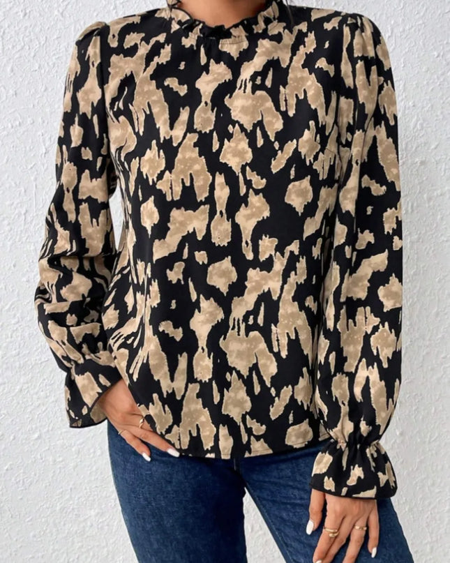Frill Leopard Mock Neck Flounce Sleeve Blouse Black