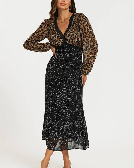 Black Dot & Brown Leopard Print Long Sleeve Maxi Dress