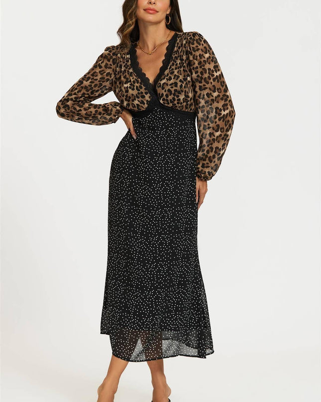 Black Dot & Brown Leopard Print Long Sleeve Maxi Dress
