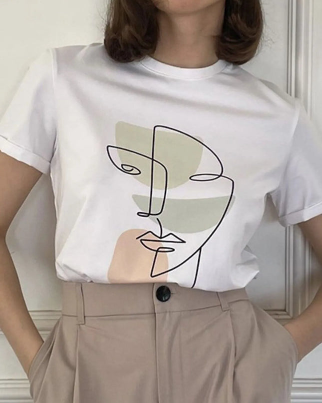 Abstract Face Graphic Casual Round Neck T-Shirt