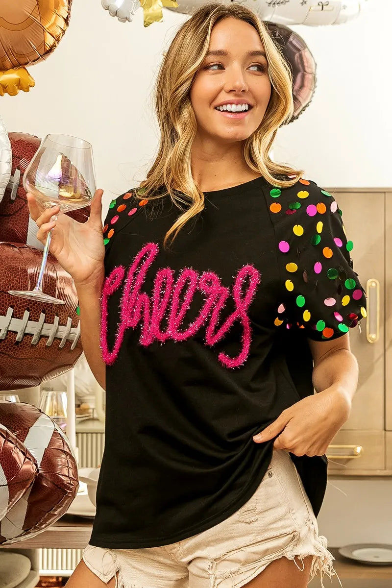 BiBi Metallic Letter Spangle Raglan Puff Sleeve Top