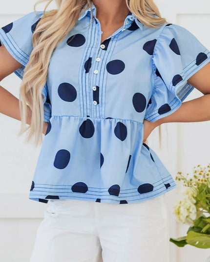Polka Dot Print Ruffled Short Sleeve Buttoned Collared Blouse