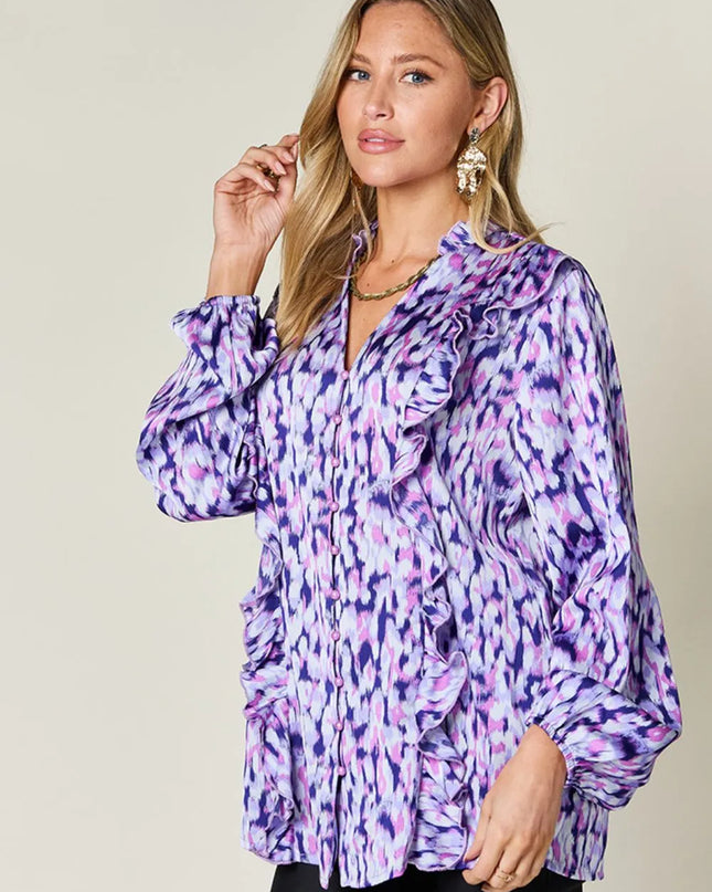 Double Take Full Size Printed Ruffle Trim Balloon Sleeve Shirt