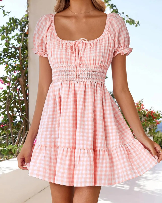 Gingham Smocked Puff Sleeve Summer Dress