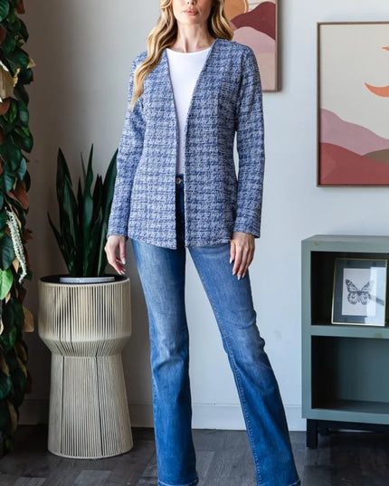 Heimish Full Size Houndstooth Tweed Open Front Blazer