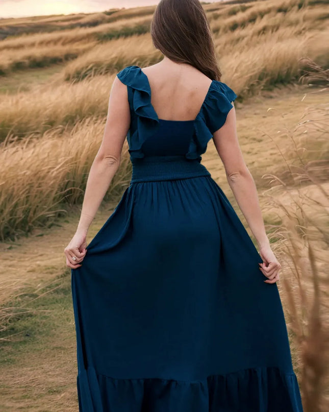 Ruffled Smocked Square Neck Maxi Dress