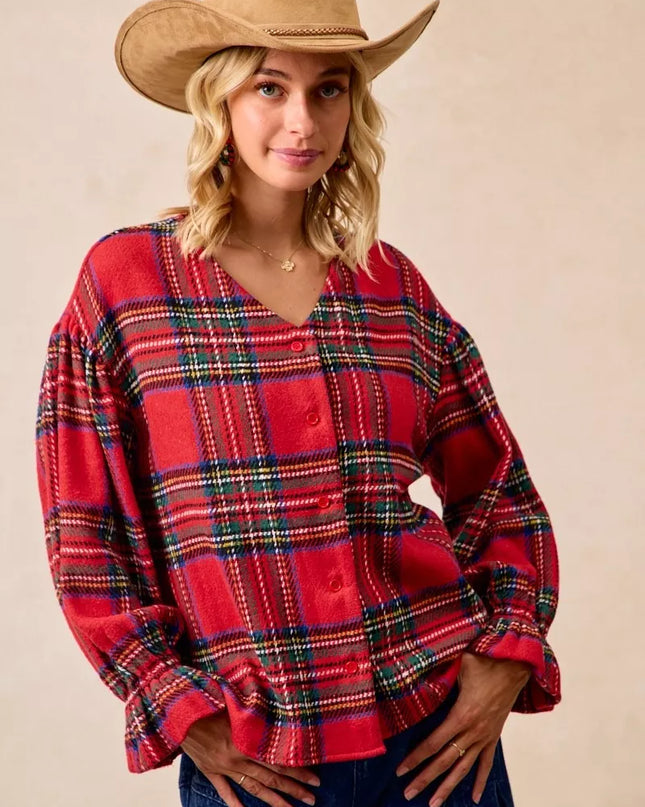 BiBi Christmas Plaid V-Neck Flounce Sleeve Jacket RED PLAID