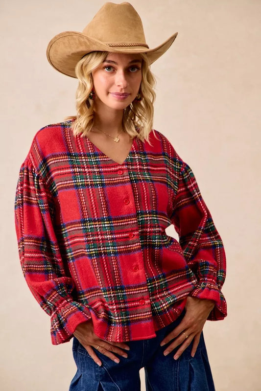 BiBi Christmas Plaid V-Neck Flounce Sleeve Jacket RED PLAID