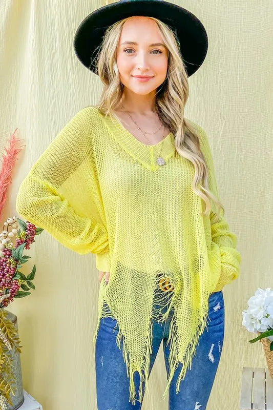 And The Why Distressed Mesh V Neck Spring Sweater Cover Up