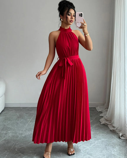 Pleated Halter Neck Tie Waist Maxi Dress